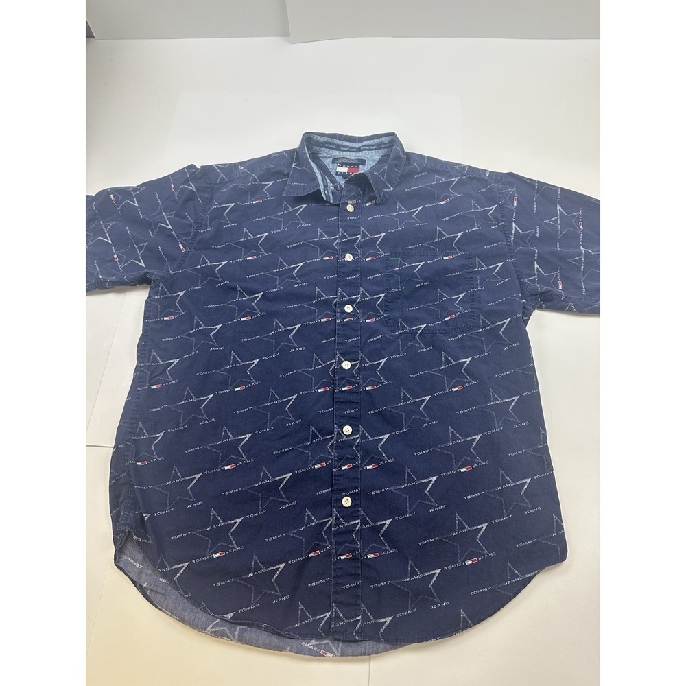 Tommy Hilfiger Button Up Shirt Star All Over Print AOP Men's Large Short Sleeve